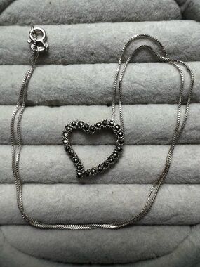 Heart-Shaped Marcasite Pendant Necklace - Silver